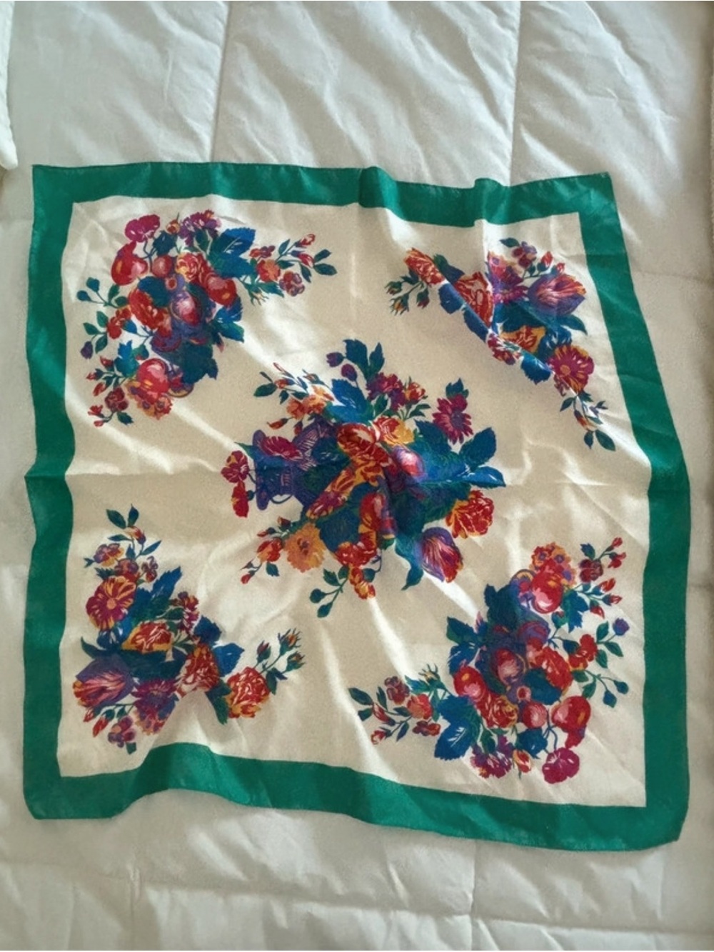 Vintage Morly Floral Silk-Feel Square Scarf with Green Border